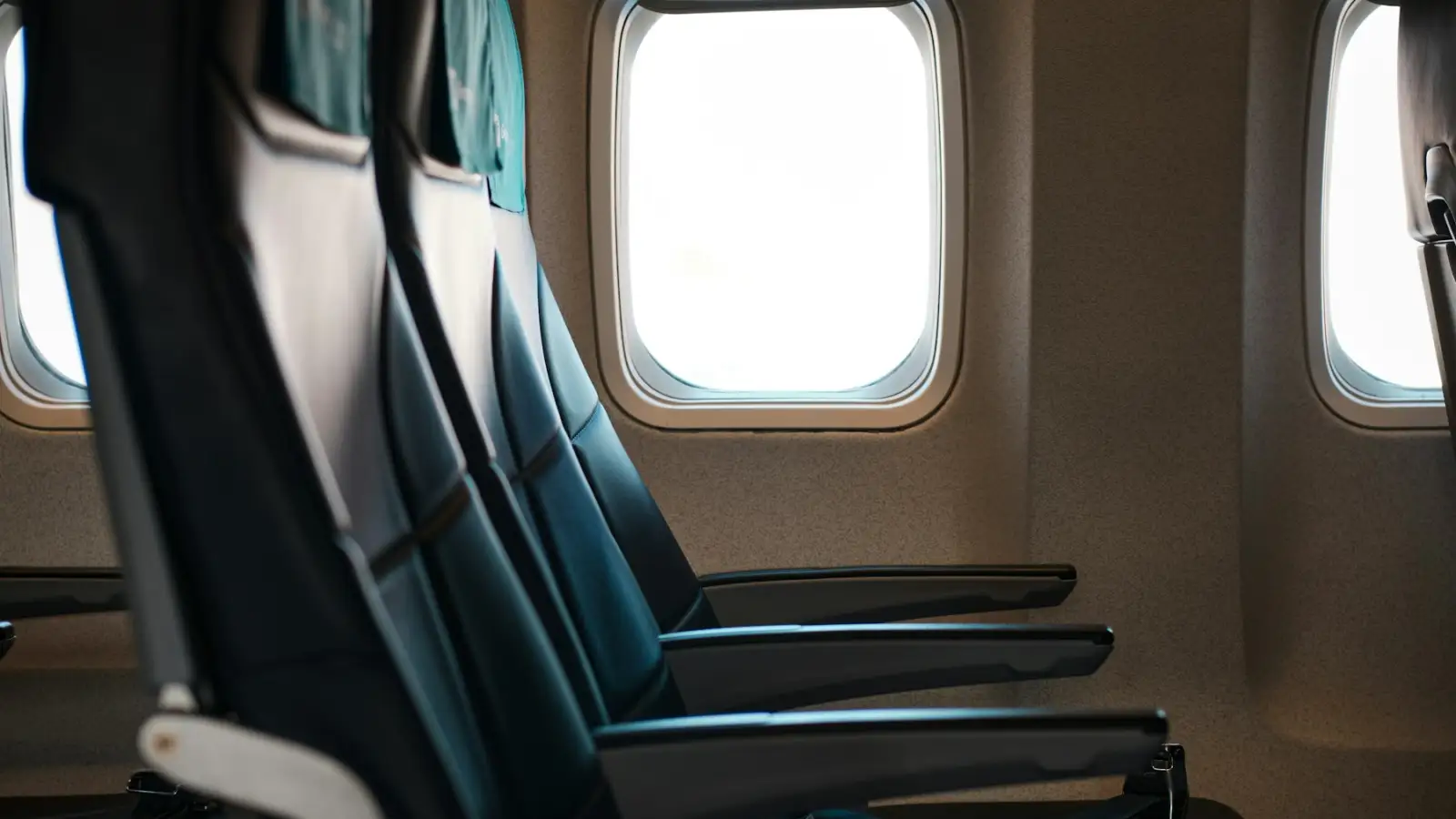 Empty aircraft seats beside a row of cabin windows
